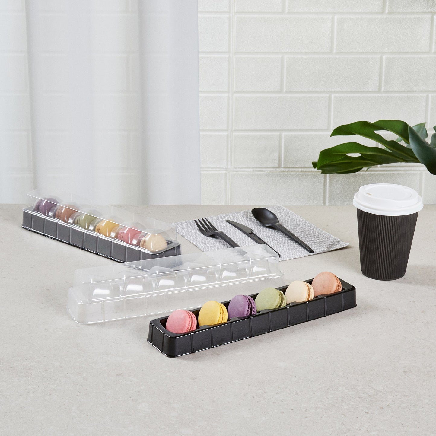 Shock Safe Rectangle Black Plastic Macaron Take Out Box - Fits 6 Macarons - 11" x 2 1/2" x 2" - 100 count box