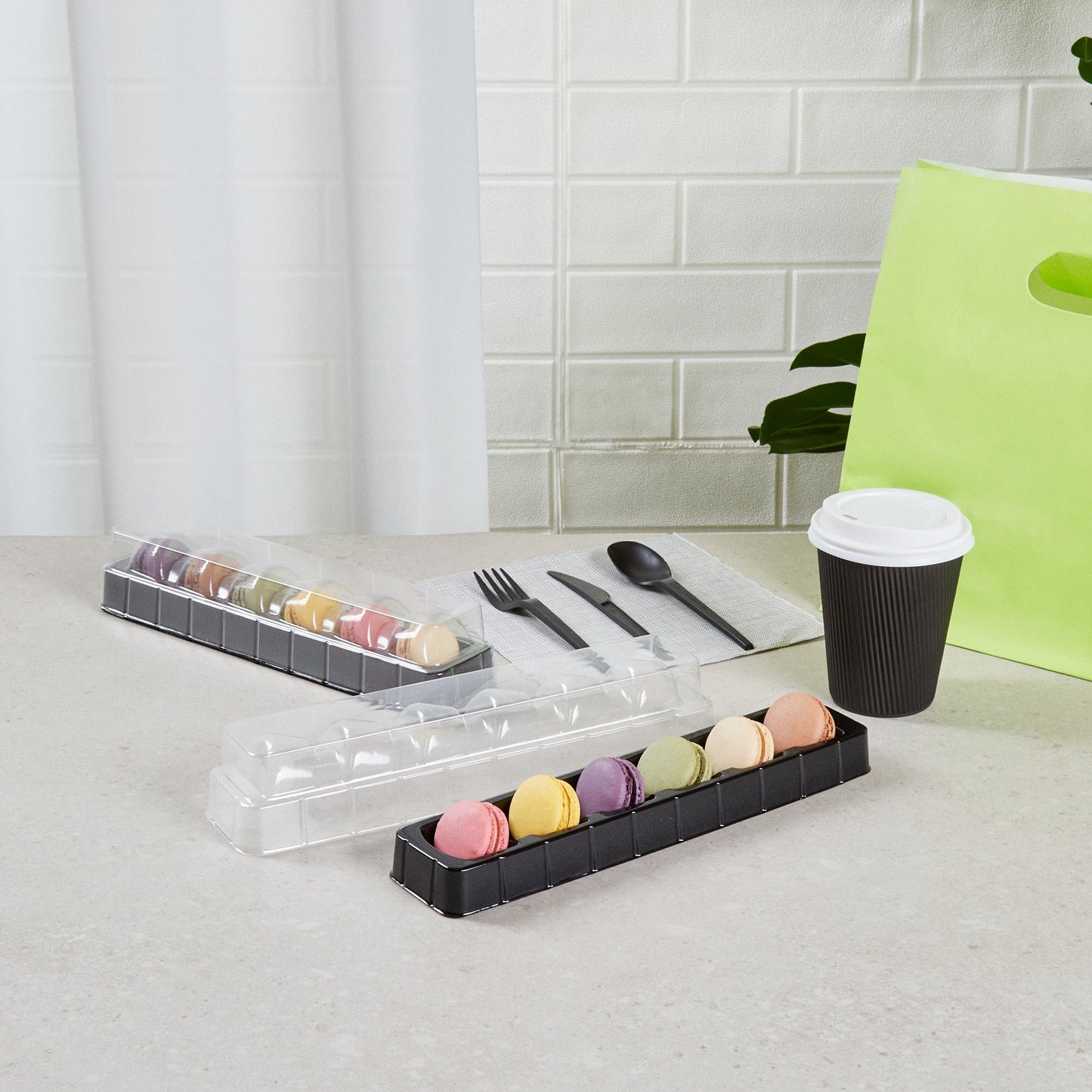 Shock Safe Rectangle Black Plastic Macaron Take Out Box - Fits 6 Macarons - 11" x 2 1/2" x 2" - 100 count box