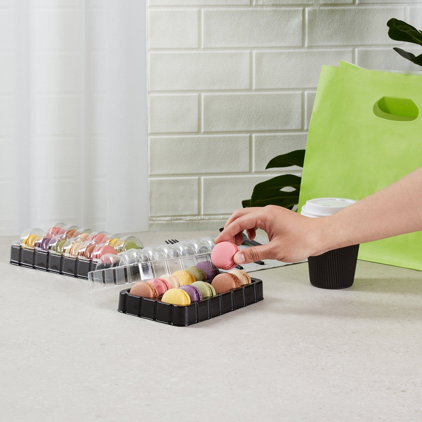 Shock Safe Rectangle Black Plastic Macaron Take Out Box - Fits 12 Macarons - 11" x 4 1/2" x 2" - 100 count box