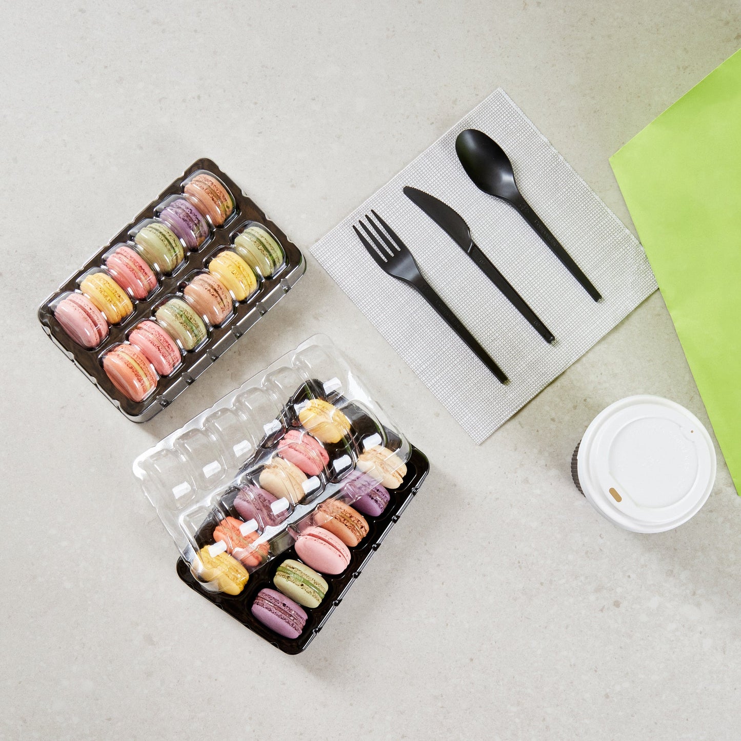 Shock Safe Rectangle Black Plastic Macaron Take Out Box - Fits 12 Macarons - 11" x 4 1/2" x 2" - 100 count box