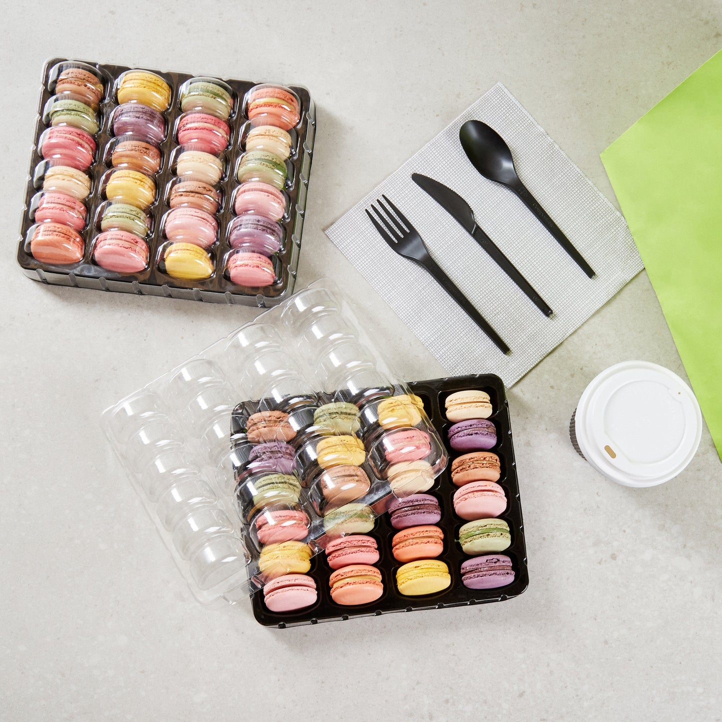 Shock Safe Rectangle Black Plastic Macaron Take Out Box - Fits 24 Macarons - 11" x 9" x 2" - 100 count box