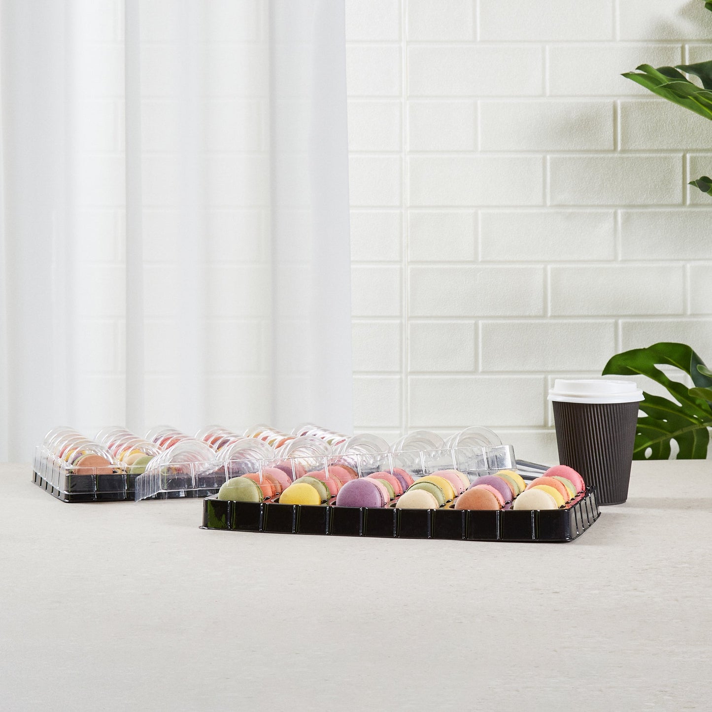 Shock Safe Rectangle Black Plastic Macaron Take Out Box - Fits 36 Macarons - 13 1/4" x 11" x 2" - 100 count box