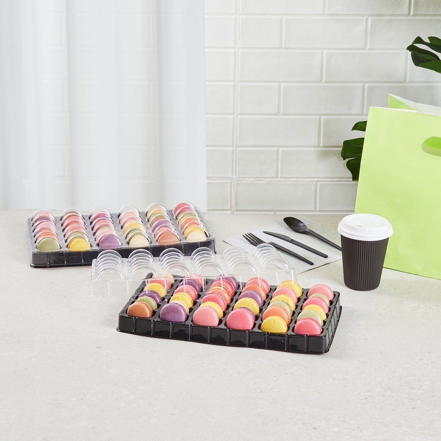 Shock Safe Rectangle Black Plastic Macaron Take Out Box - Fits 36 Macarons - 13 1/4" x 11" x 2" - 100 count box