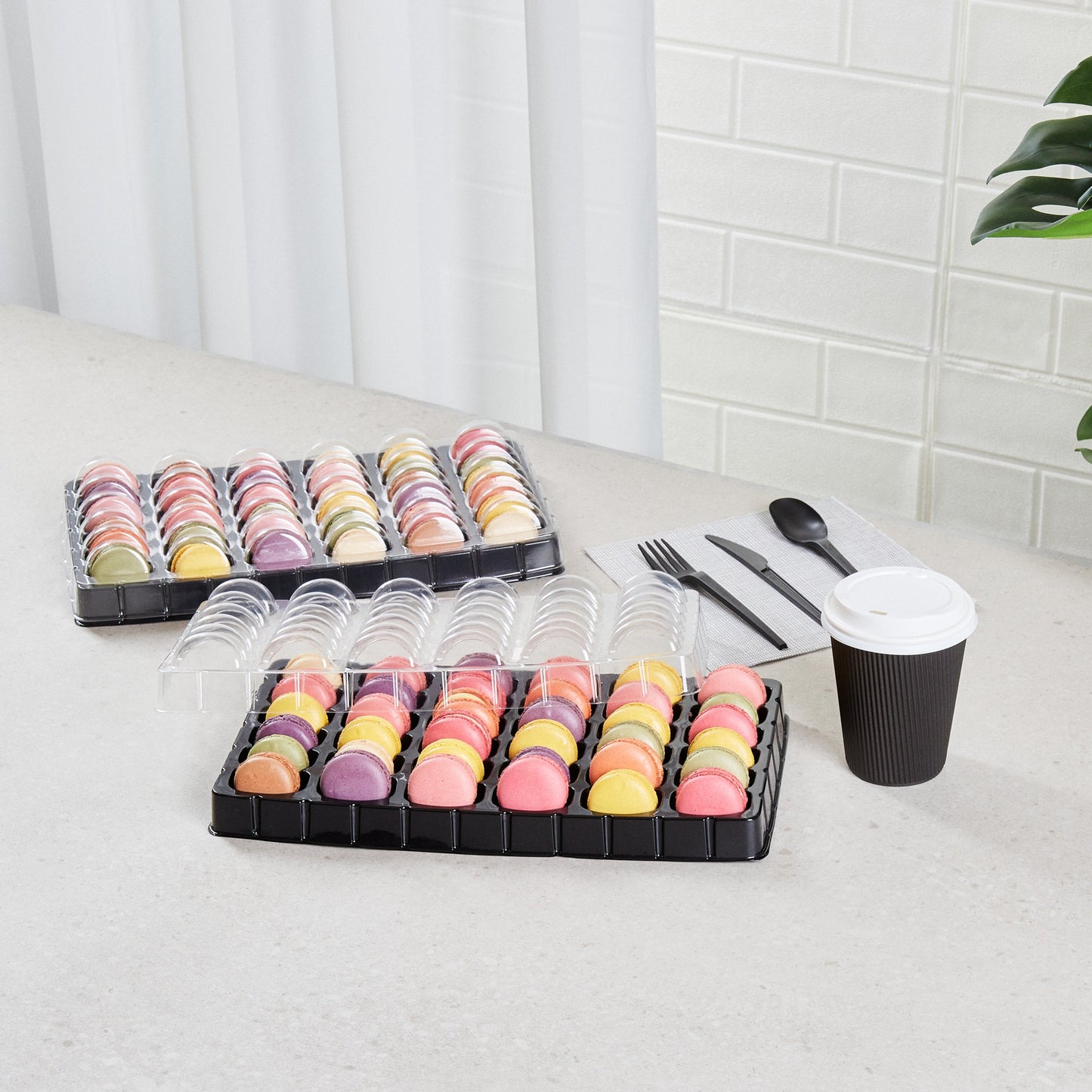 Shock Safe Rectangle Black Plastic Macaron Take Out Box - Fits 36 Macarons - 13 1/4" x 11" x 2" - 100 count box