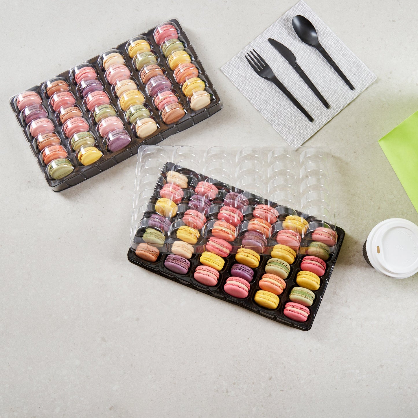 Shock Safe Rectangle Black Plastic Macaron Take Out Box - Fits 36 Macarons - 13 1/4" x 11" x 2" - 100 count box