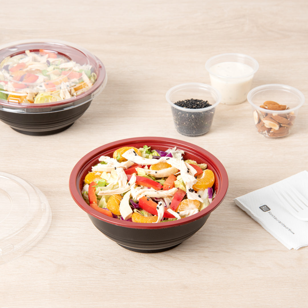 Bento Tek 18 oz Round Black and Red Plastic Small Asian Panda Bowl - with Clear Lid, Microwavable - 6" x 6" x 2 1/2" - 200 count box