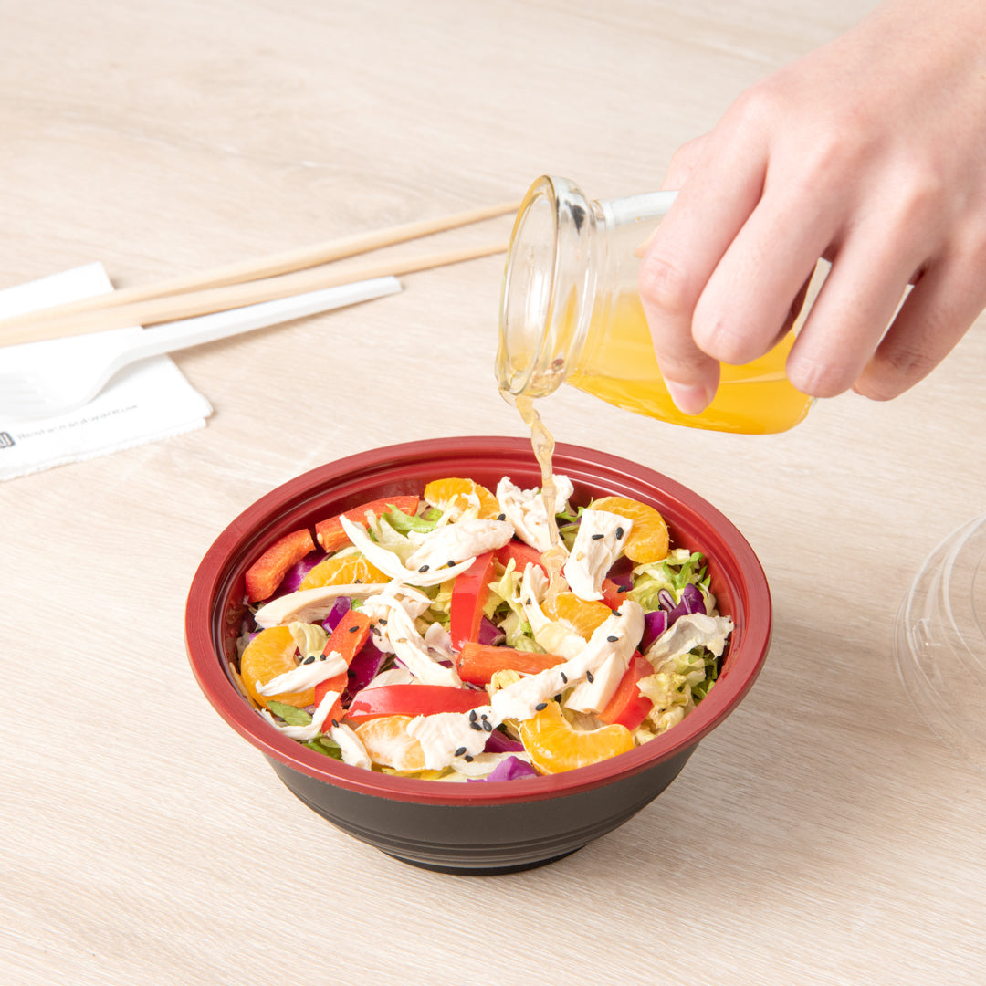 Bento Tek 18 oz Round Black and Red Plastic Small Asian Panda Bowl - with Clear Lid, Microwavable - 6" x 6" x 2 1/2" - 200 count box