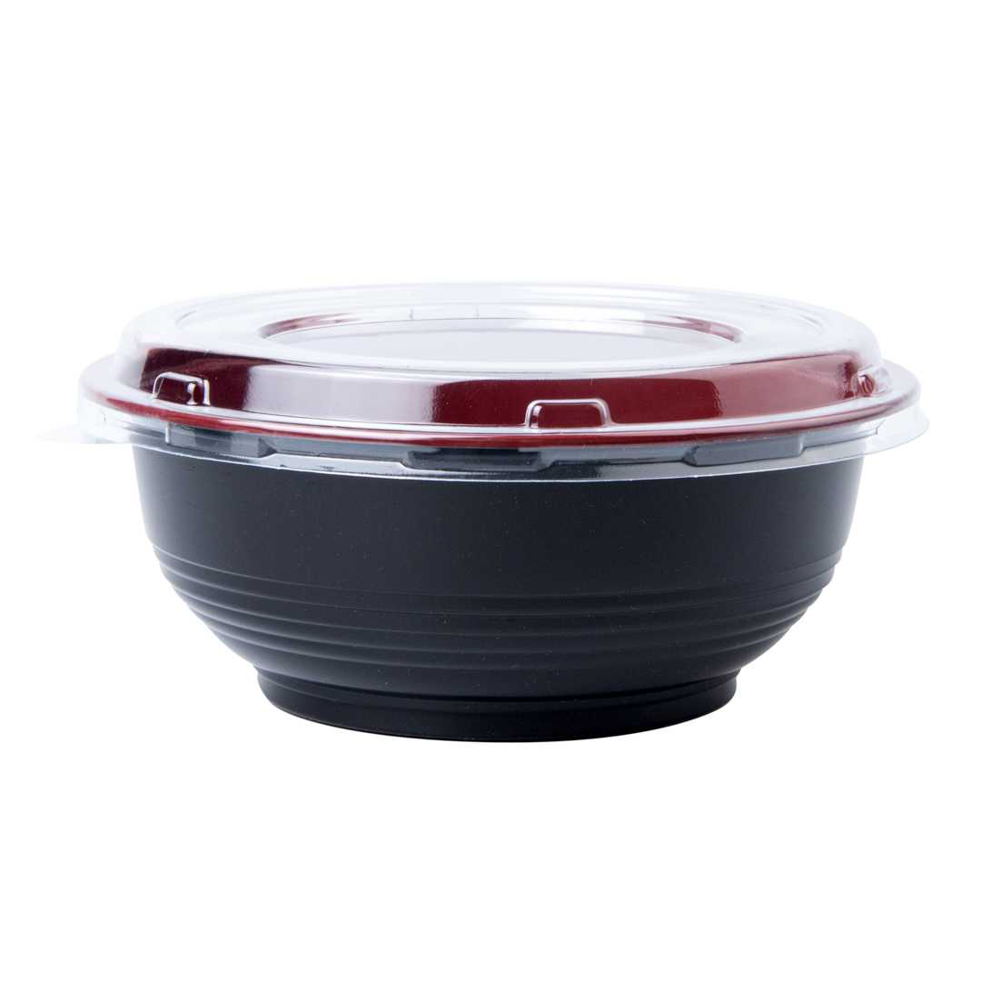 Bento Tek 24 oz Round Black and Red Plastic Medium Asian Panda Bowl - Clear Lid, Microwavable - 6 1/2" x 6 1/2" x 2 1/2" - 200 count box