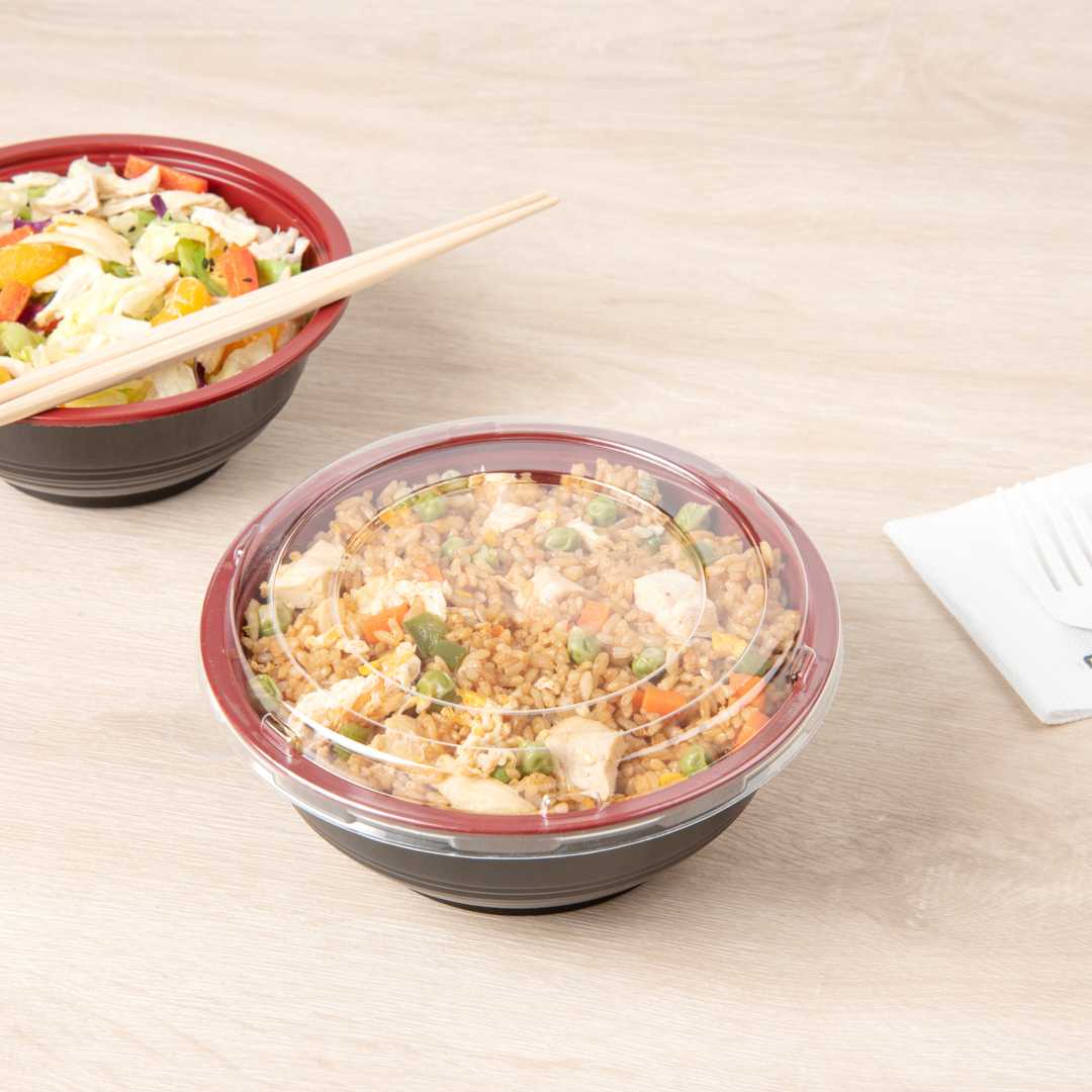 Bento Tek 24 oz Round Black and Red Plastic Medium Asian Panda Bowl - Clear Lid, Microwavable - 6 1/2" x 6 1/2" x 2 1/2" - 200 count box