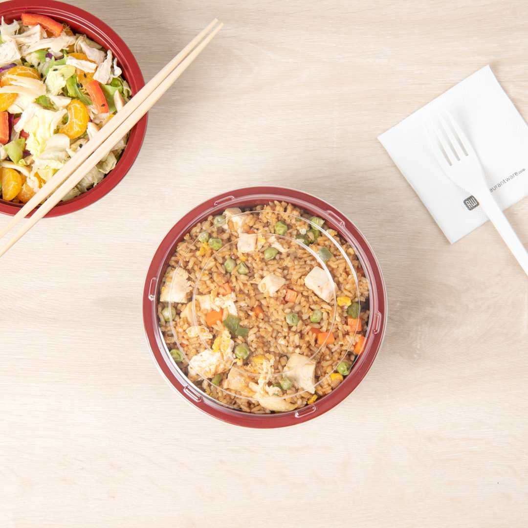 Bento Tek 24 oz Round Black and Red Plastic Medium Asian Panda Bowl - Clear Lid, Microwavable - 6 1/2" x 6 1/2" x 2 1/2" - 200 count box