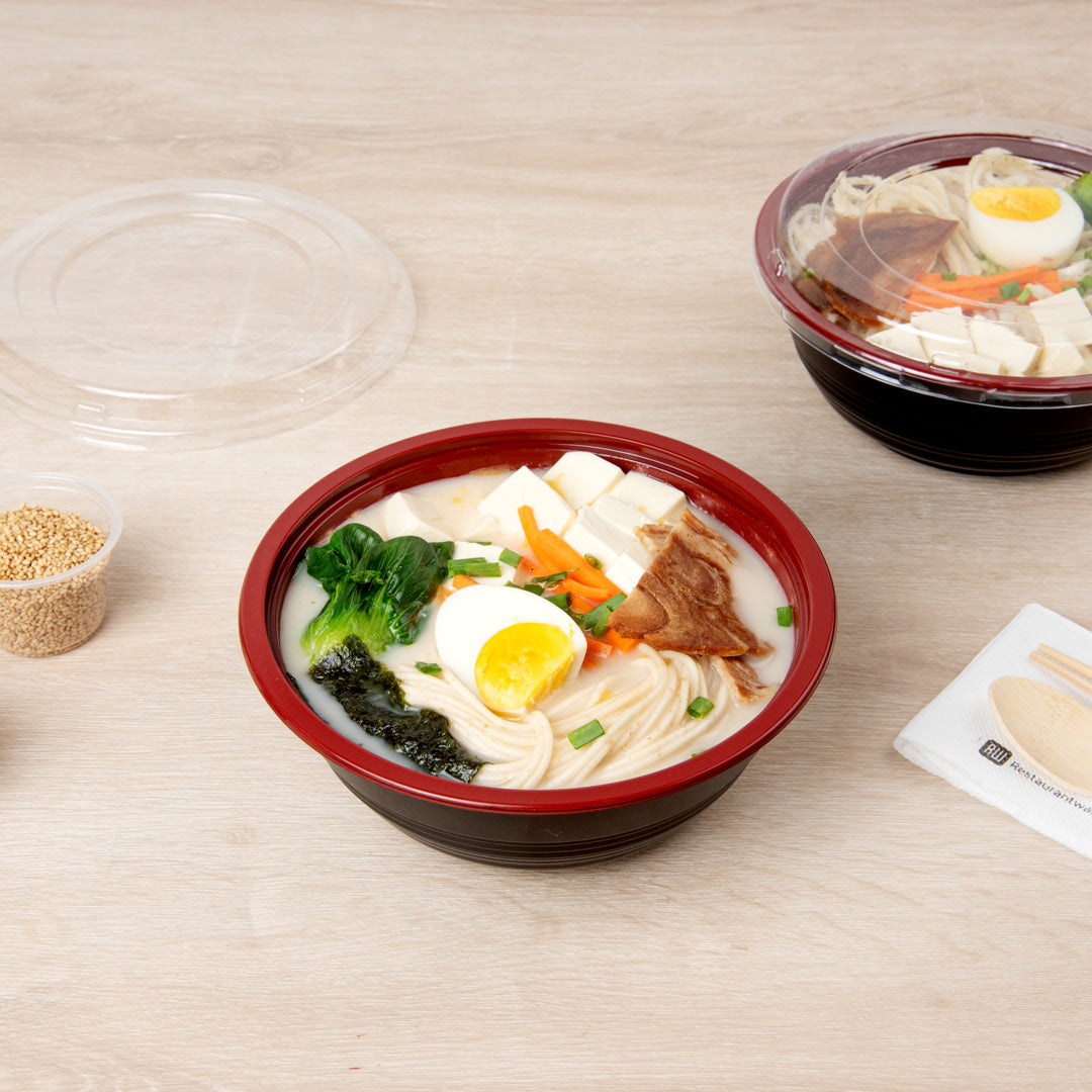 Bento Tek 34 oz Round Black and Red Plastic Large Asian Panda Bowl - with Clear Lid, Microwavable - 7 1/4" x 7 1/4" x 2 3/4" - 200 count box