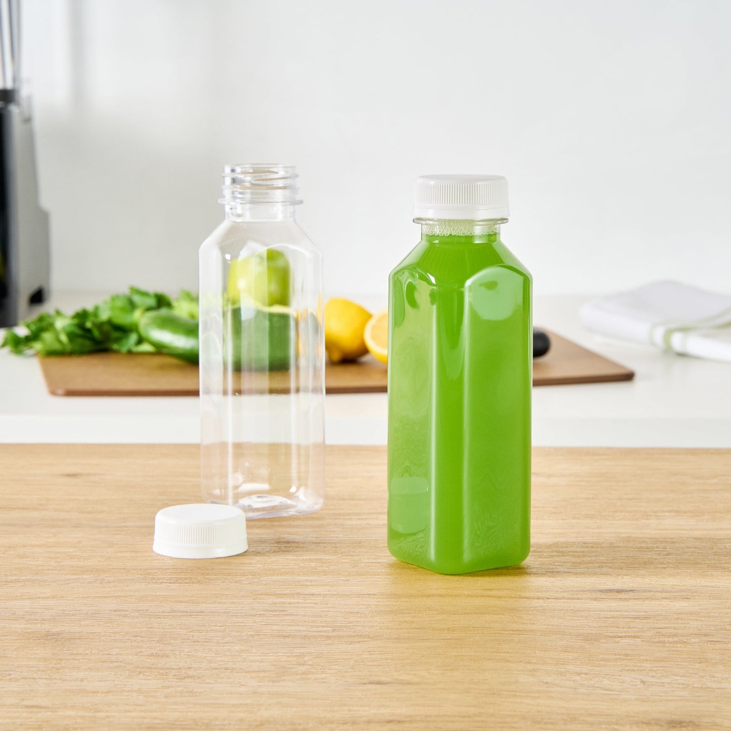 Bottle Tek 12 oz Square Clear Plastic Cold Pressed Juice Bottle - with Safety Cap - 2" x 2" x 6 1/2" - 100 count box