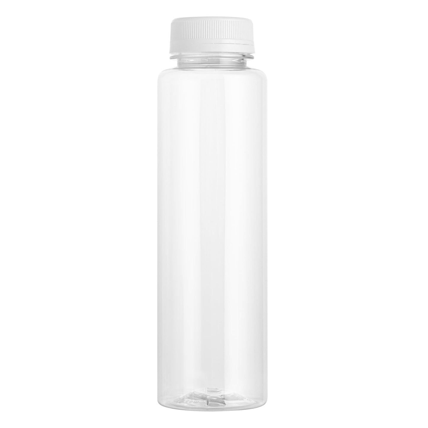 Bottle Tek 16 oz Round Clear Plastic Cold Pressed Juice Bottle - with Safety Cap - 2 1/4" x 2 1/4" x 8 1/4" - 100 count box