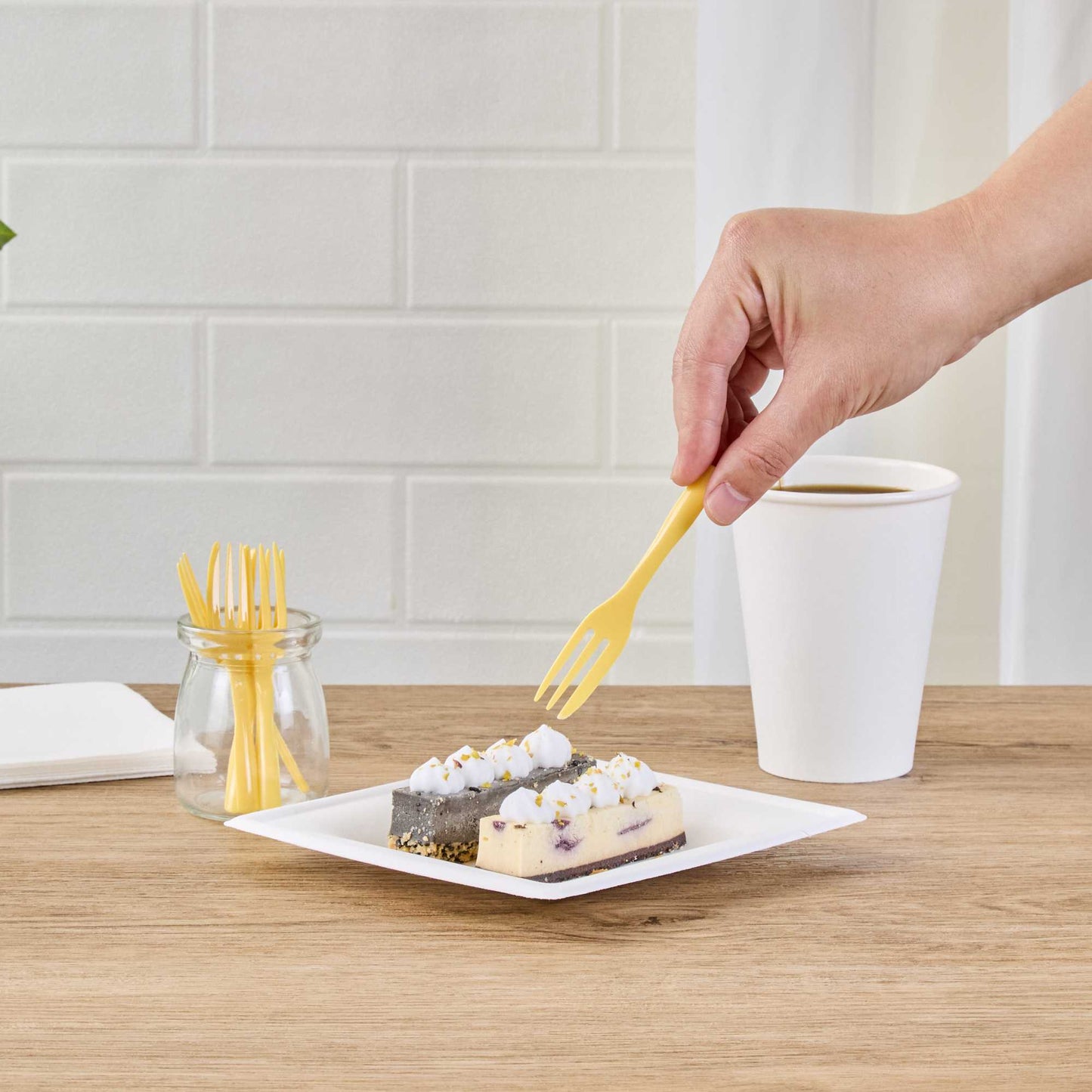 Coppetta Baby Yellow Plastic Cake Fork with Knife Edge - 4" x 3/4" - 100 count box