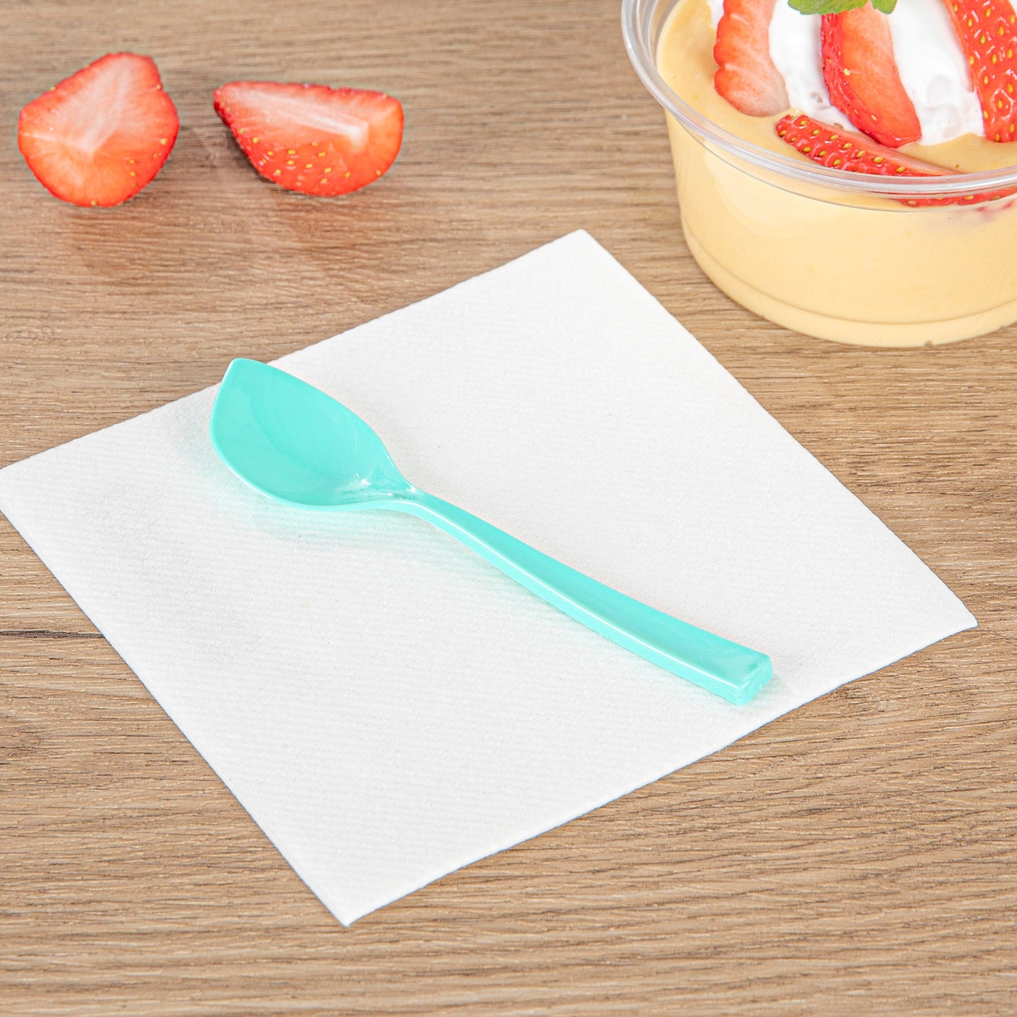 Coppetta Teal Plastic Petal Spoon - 4 1/2" x 1" - 500 count box