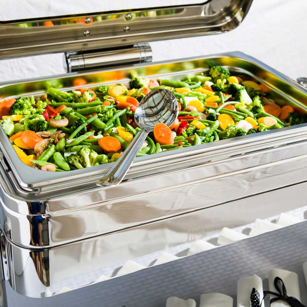 Met Lux 9 qt Rectangle Stainless Steel Full Size Chafer Body - Induction Ready, with Glass Viewing Window - 1 count box