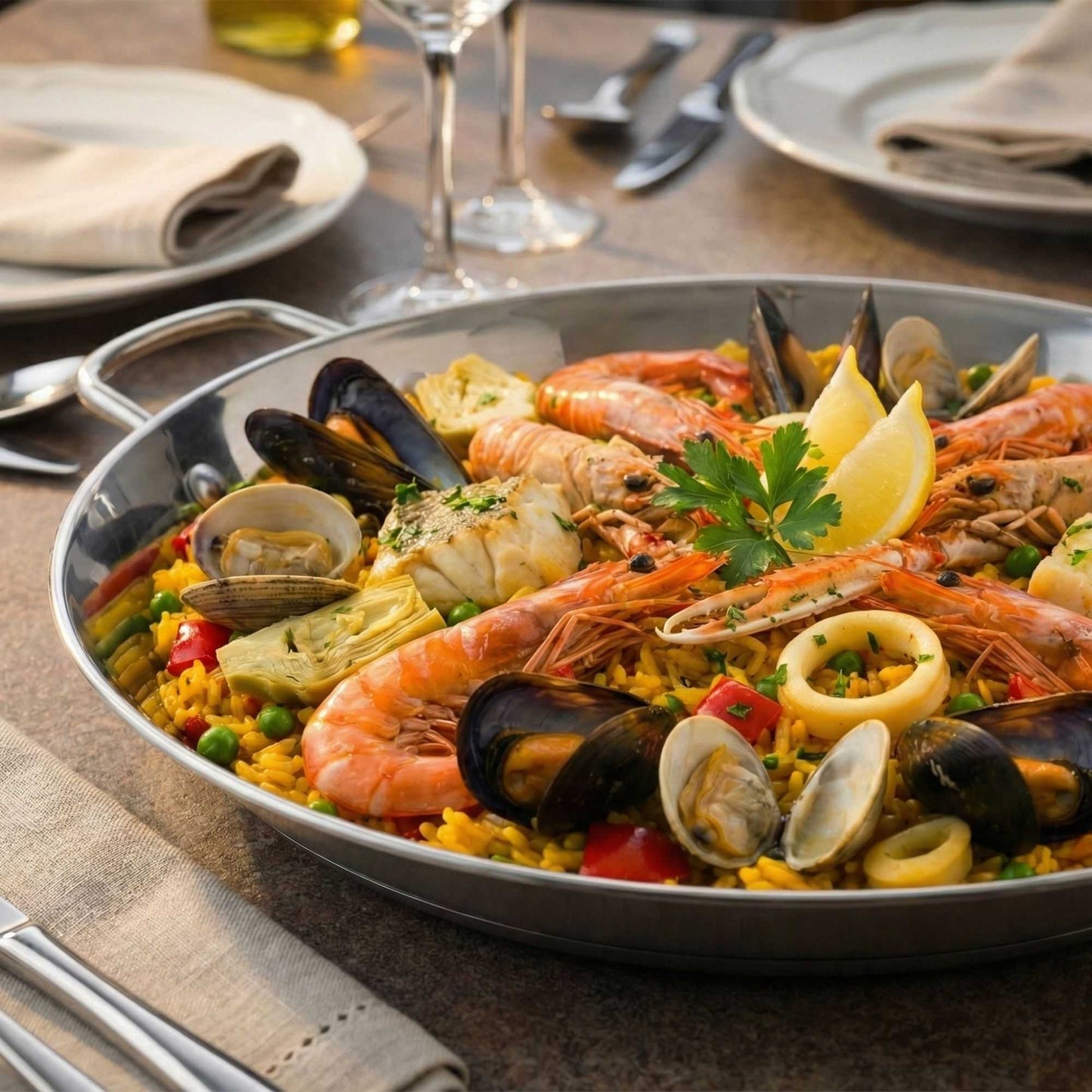 Met Lux Round Stainless Steel Paella Pan - Induction Ready - 13 1/2" x 10" x 1 1/2" - 1 count box