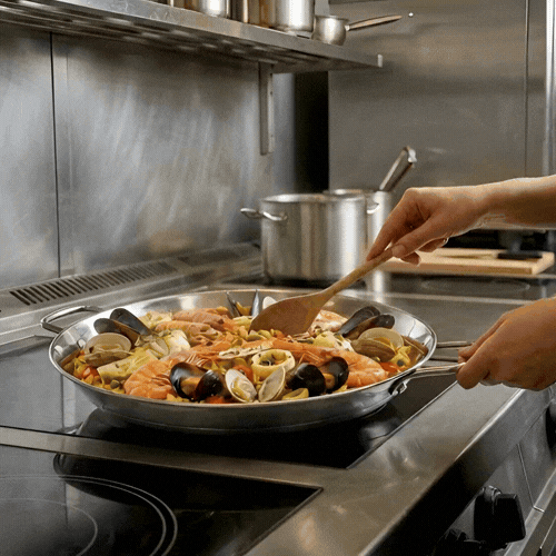 Met Lux Round Stainless Steel Paella Pan - Induction Ready - 13 1/2" x 10" x 1 1/2" - 1 count box