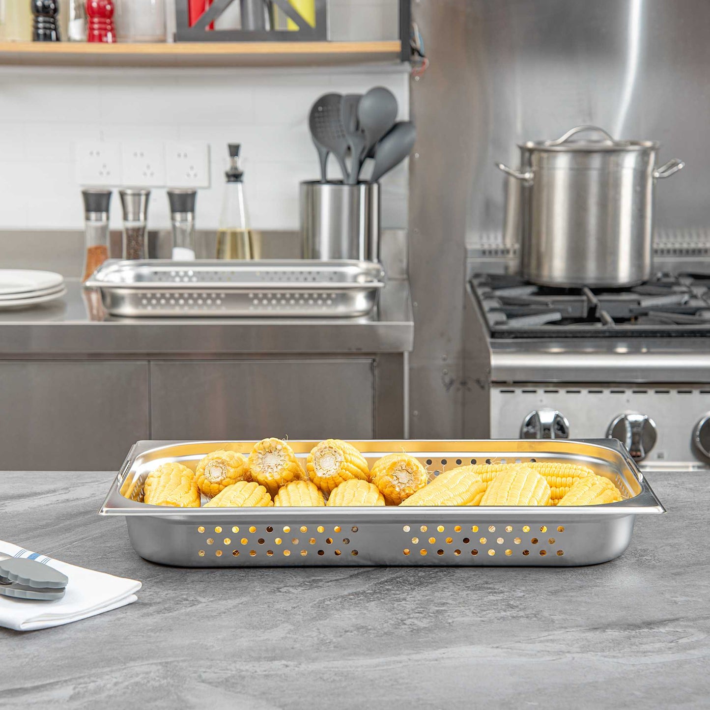 Met Lux Rectangle Stainless Steel Full Size Steam Table Pan 2.5 Inch Deep - Perforated, Anti Jam, Collapsible Handles - 1 count box