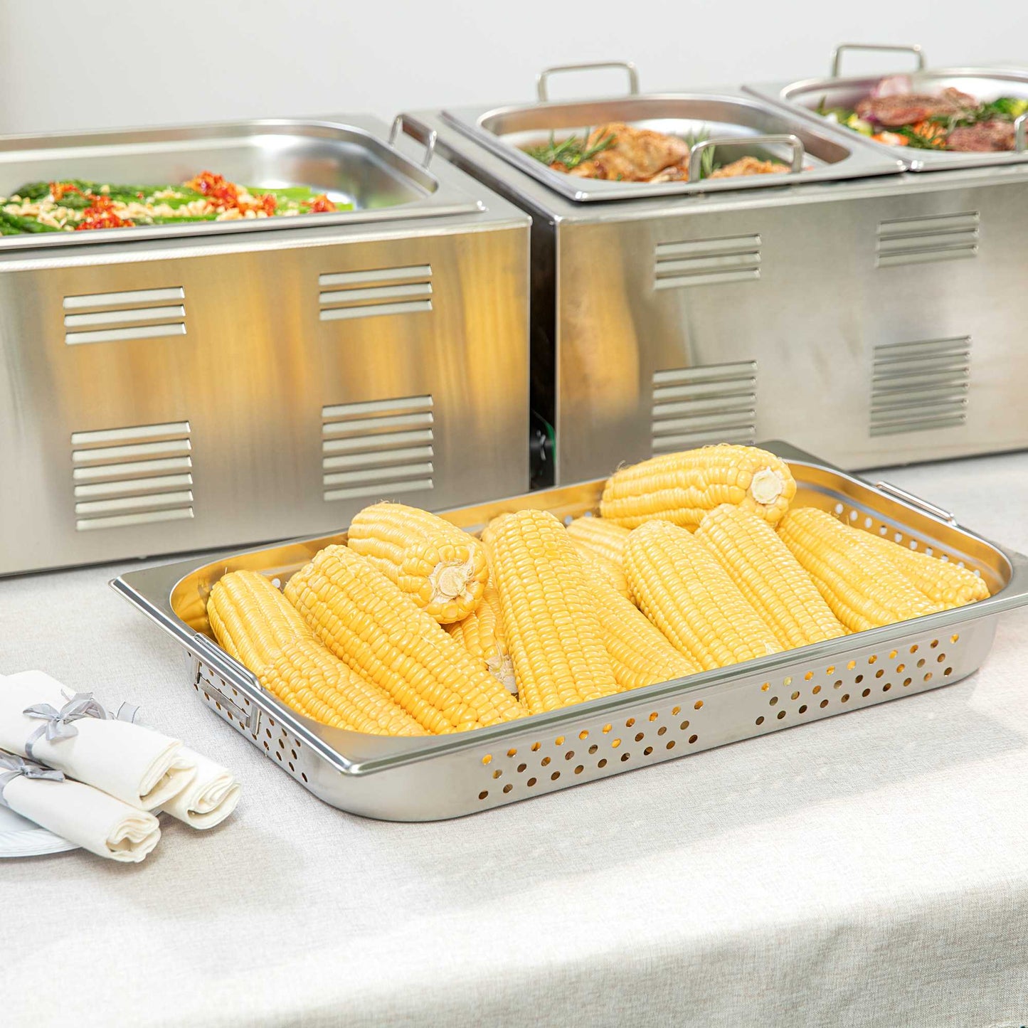 Met Lux Rectangle Stainless Steel Full Size Steam Table Pan 2.5 Inch Deep - Perforated, Anti Jam, Collapsible Handles - 1 count box