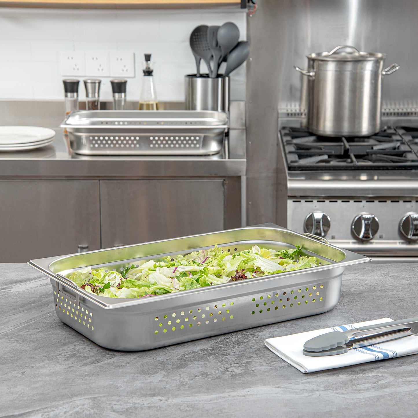 Met Lux Rectangle Stainless Steel Full Size Steam Table Pan 4 Inch Deep - Perforated, Anti Jam, Collapsible Handles - 1 count box