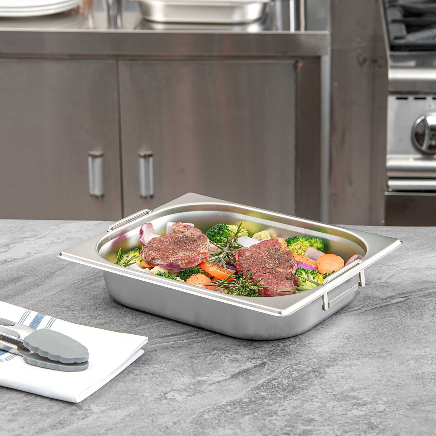 Met Lux Rectangle Stainless Steel 1/2 Size Steam Table Pan 2.5 Inch Deep - Anti Jam, Collapsible Handles - 1 count box