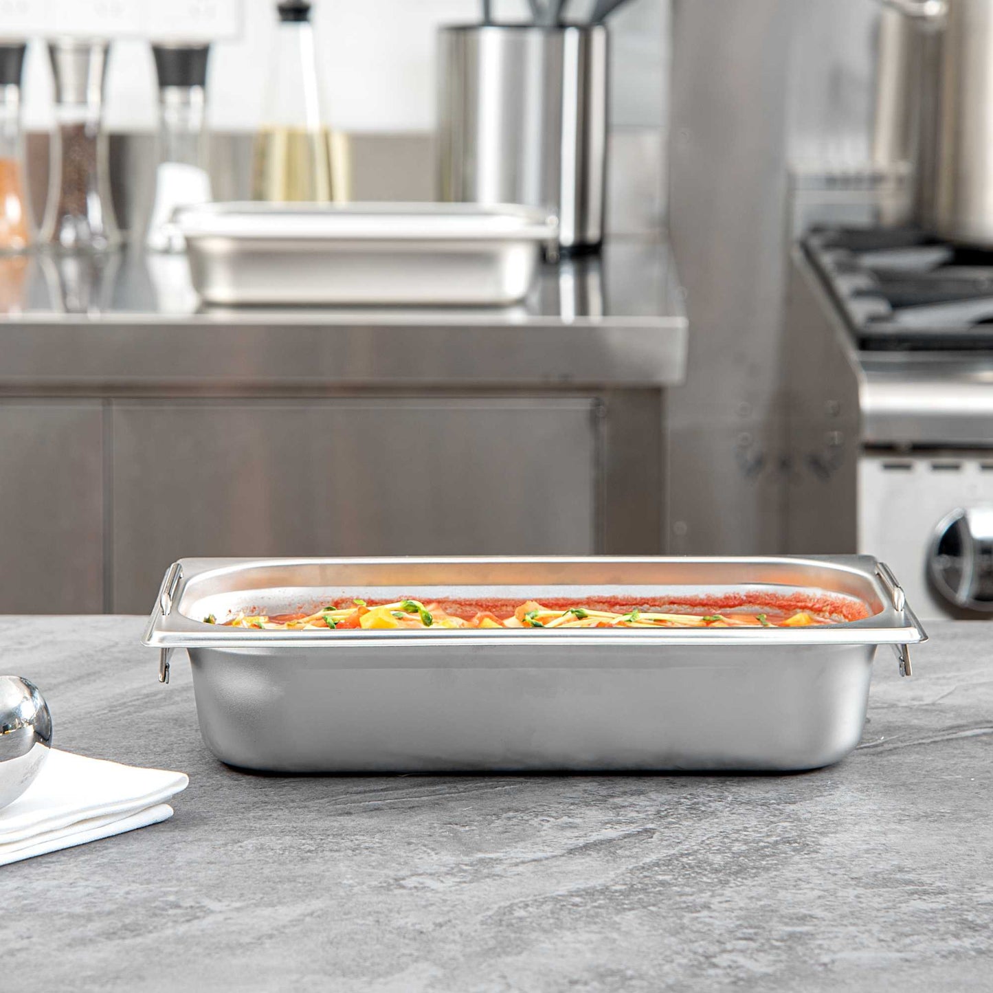 Met Lux Rectangle Stainless Steel 1/3 Size Steam Table Pan 2.5 Inch Deep - Anti Jam, Collapsible Handles - 1 count box