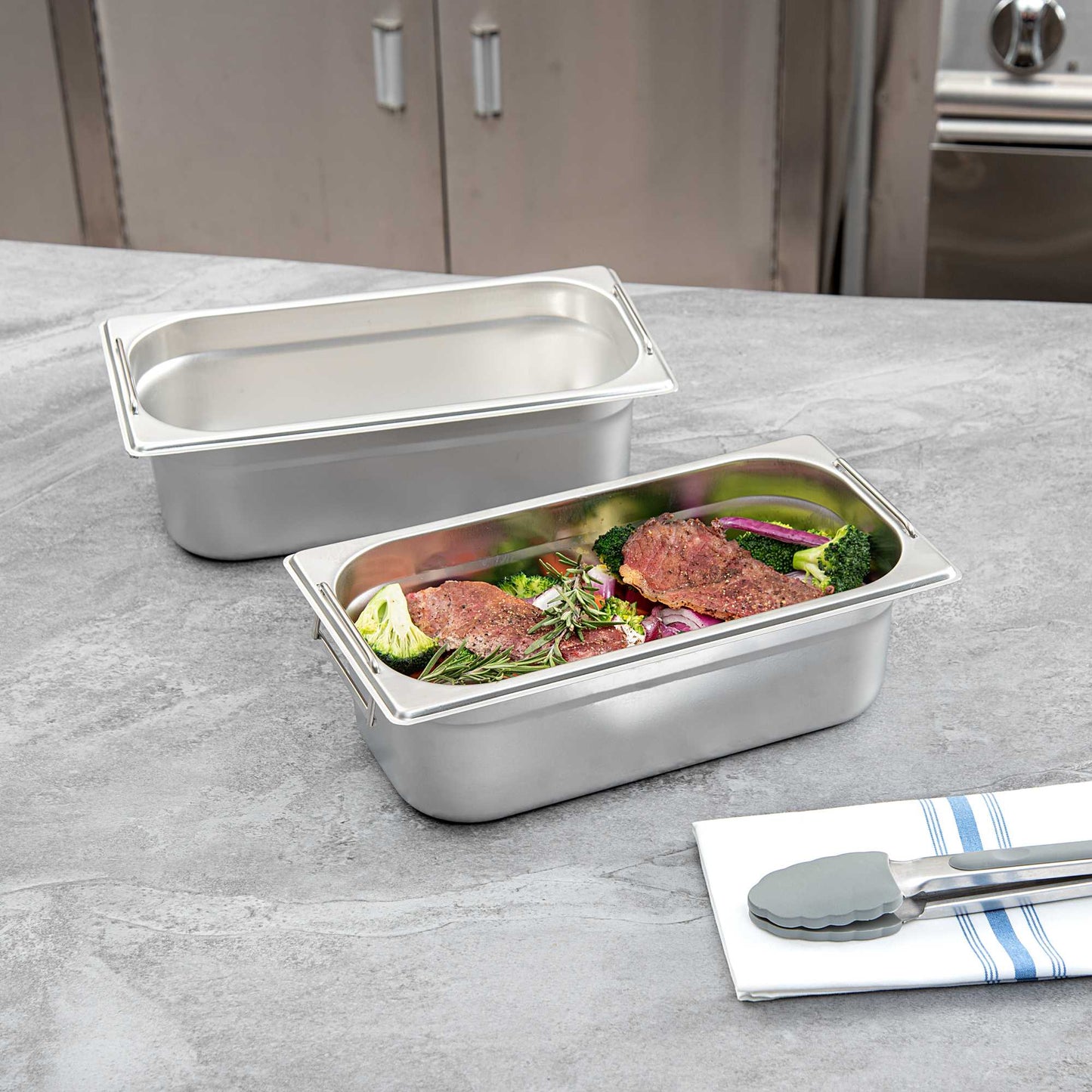 Met Lux Rectangle Stainless Steel 1/3 Size Steam Table Pan 4 Inch Deep - Anti Jam, Collapsible Handles - 1 count box