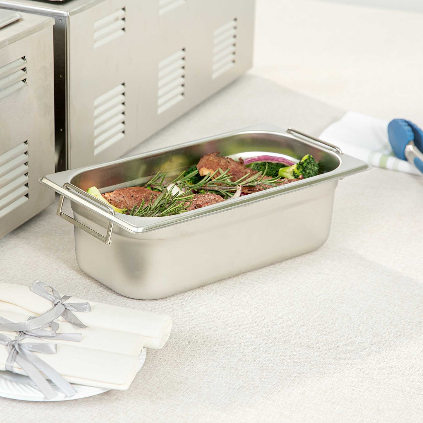 Met Lux Rectangle Stainless Steel 1/3 Size Steam Table Pan 4 Inch Deep - Anti Jam, Collapsible Handles - 1 count box