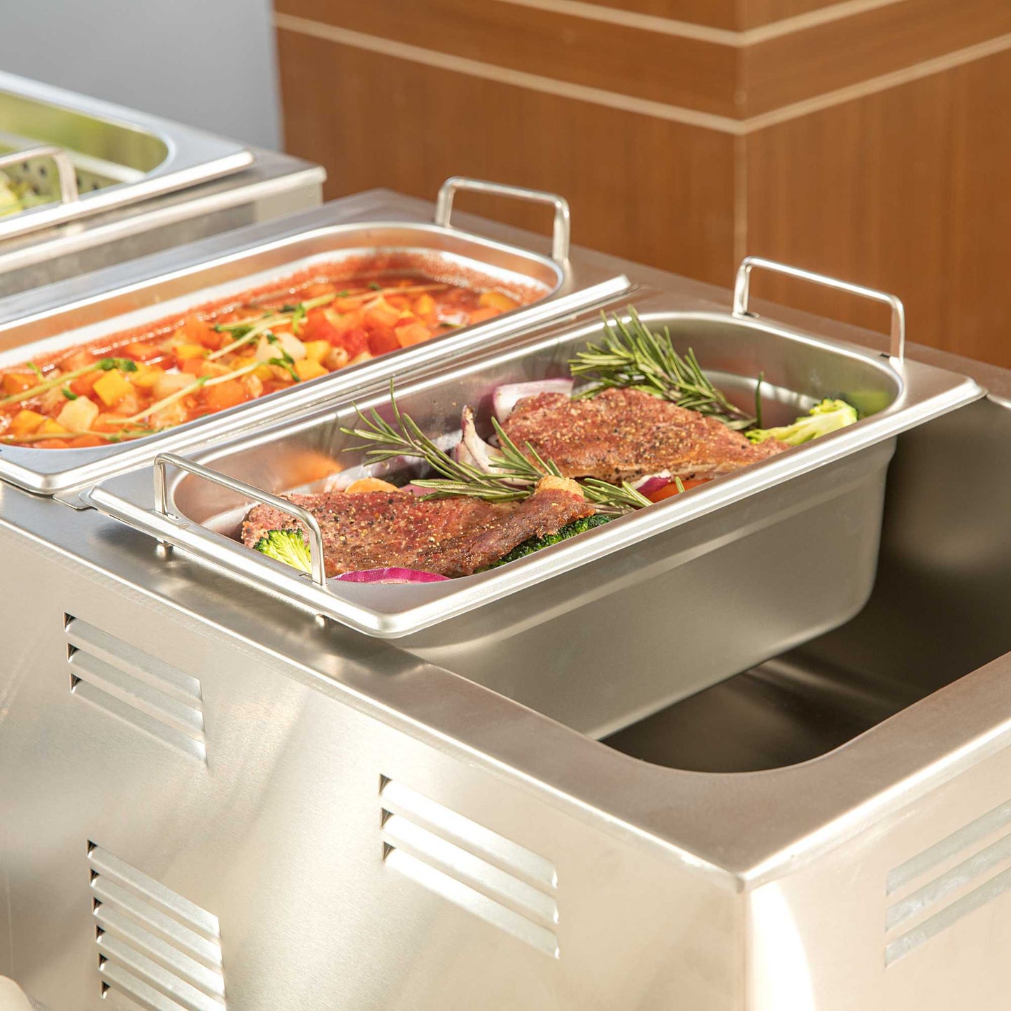 Met Lux Rectangle Stainless Steel 1/3 Size Steam Table Pan 4 Inch Deep - Anti Jam, Collapsible Handles - 1 count box