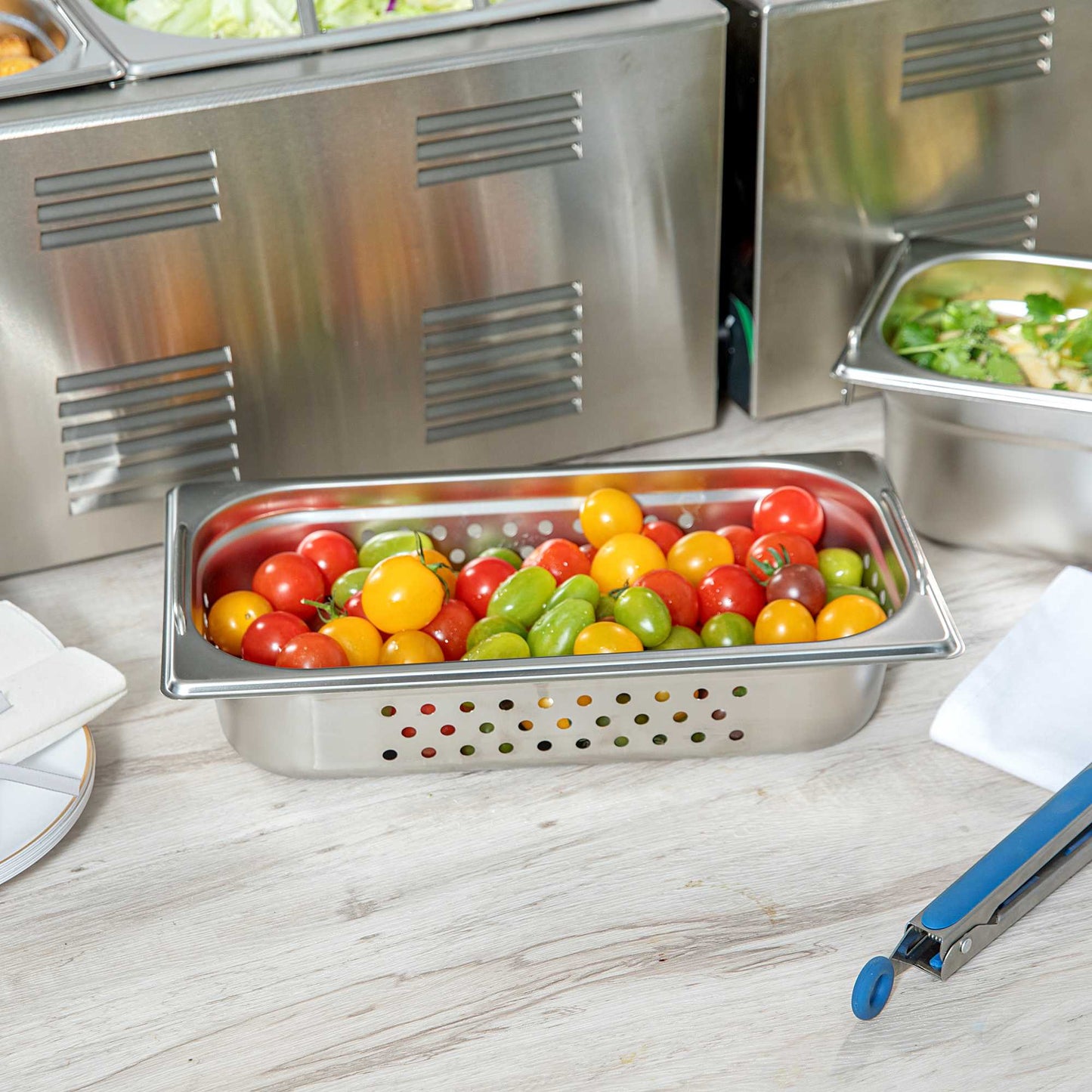 Met Lux Rectangle Stainless Steel 1/3 Size Steam Table Pan 2.5 Inch Deep - Perforated, Anti Jam, Collapsible Handles - 1 count box