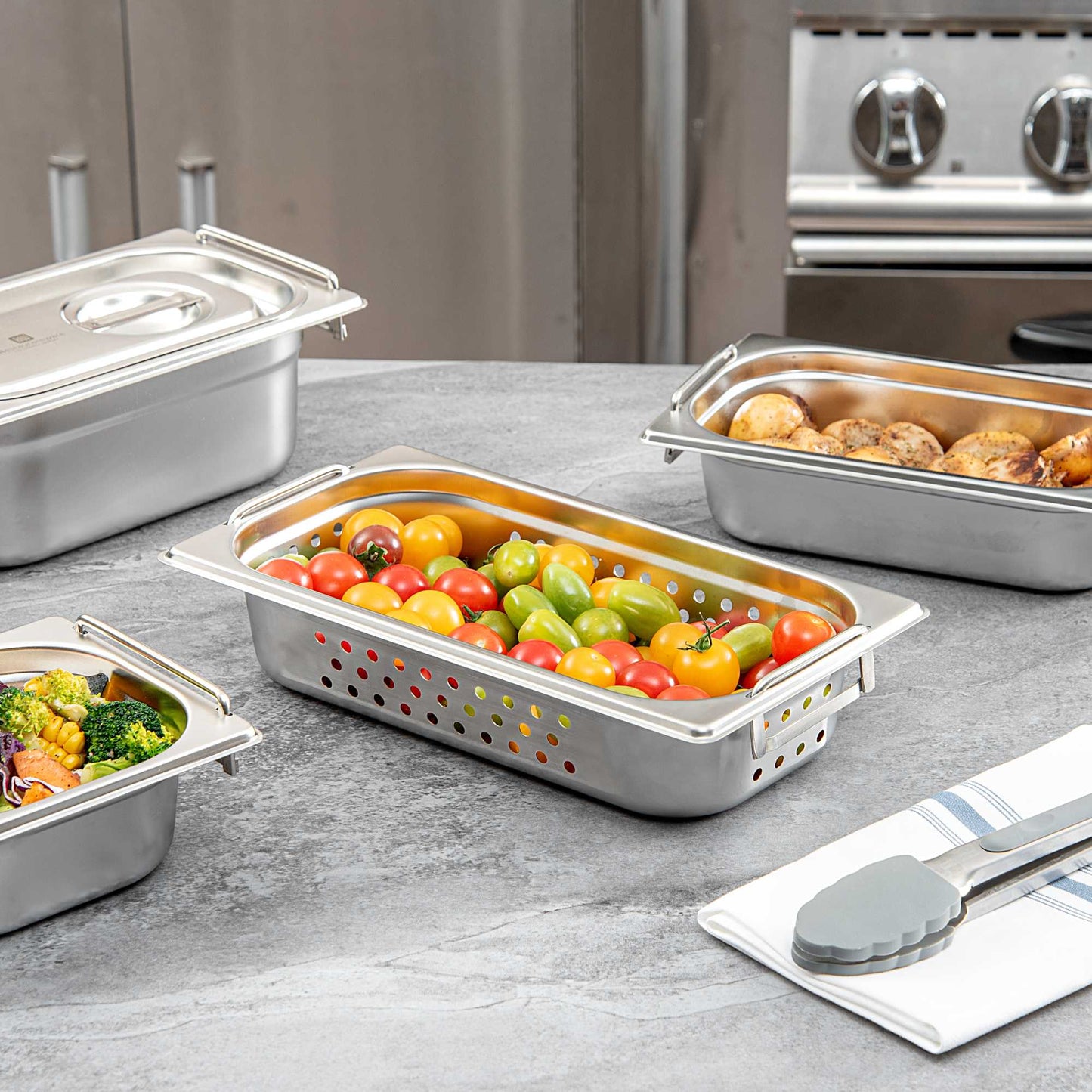 Met Lux Rectangle Stainless Steel 1/3 Size Steam Table Pan 2.5 Inch Deep - Perforated, Anti Jam, Collapsible Handles - 1 count box