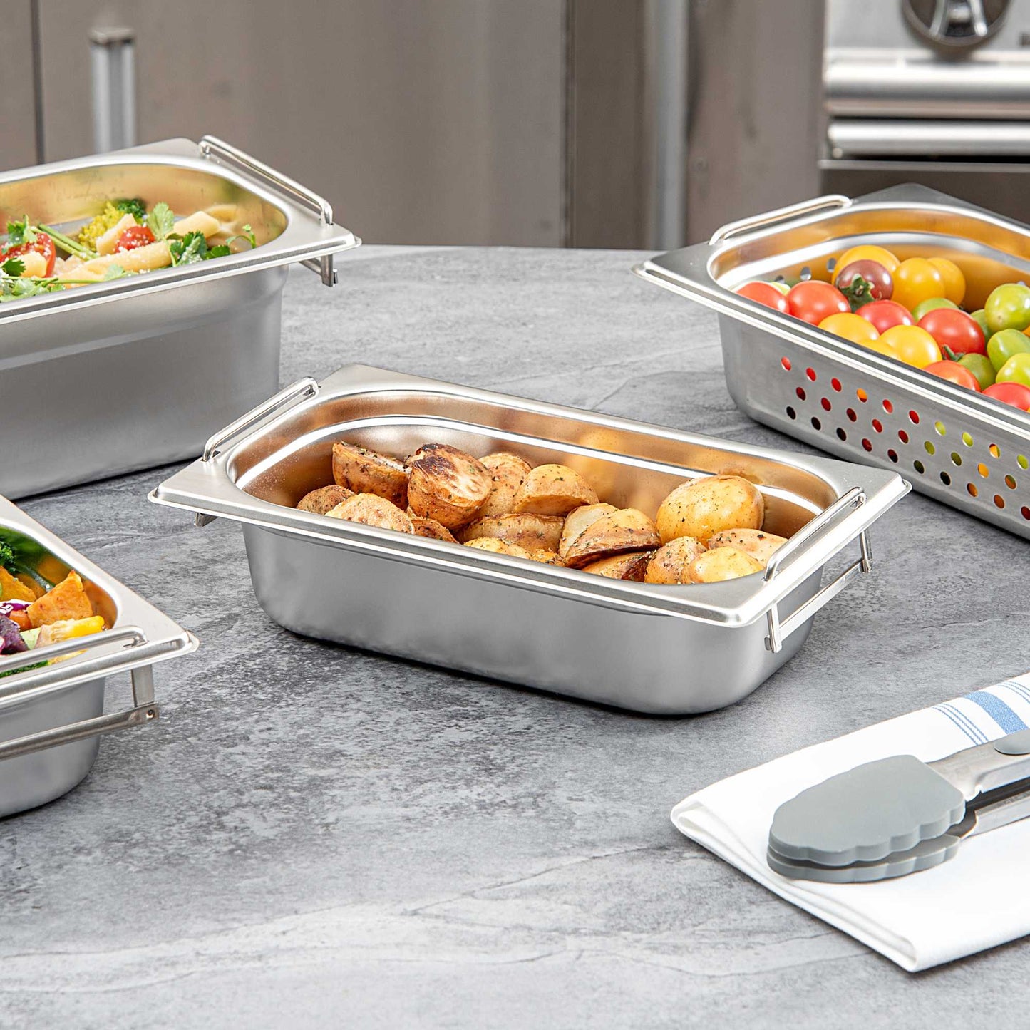 Met Lux Rectangle Stainless Steel 1/4 Size Steam Table Pan - 2.5 Inch Deep - Anti Jam, Collapsible Handles - 1 count box