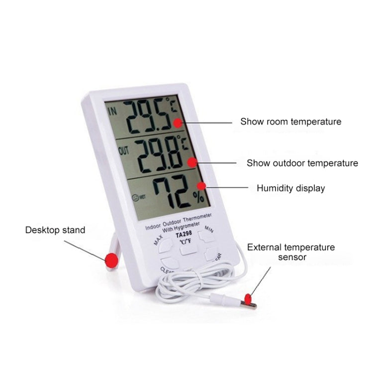 TA298 Digital LCD Humidity / Hygrometer and Thermometer with Extra Sensor Cable, TA298
