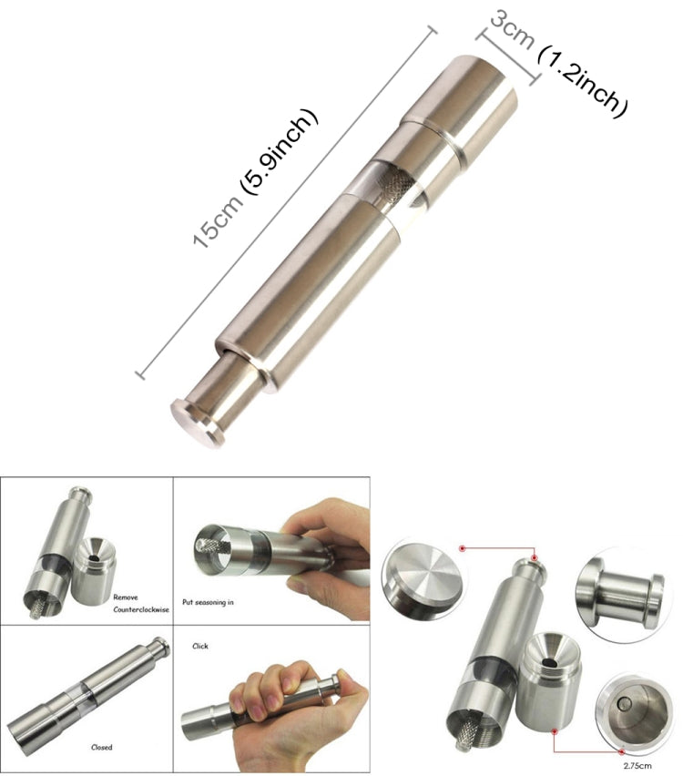 304 Stainless Steel Salt and Pepper Grinder / Mill, 15x3cm