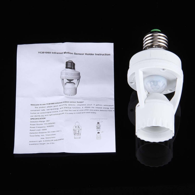 360 Degrees E27 60W PIR Motion Sensor Lamp Holder, Detection Range: Around 6m, AC 110-240V
