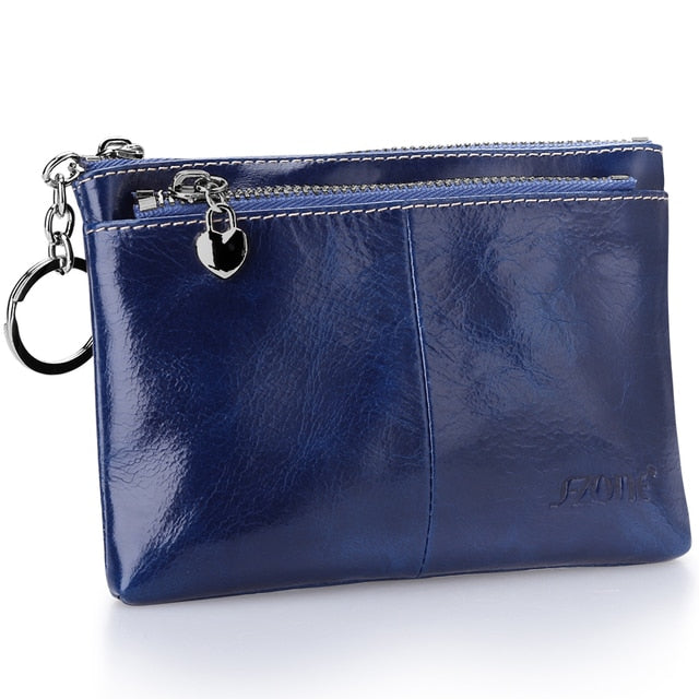 S-ZONE Women Genuine Leather Triple Zipper Small Wallet Change Coin Purse Holder