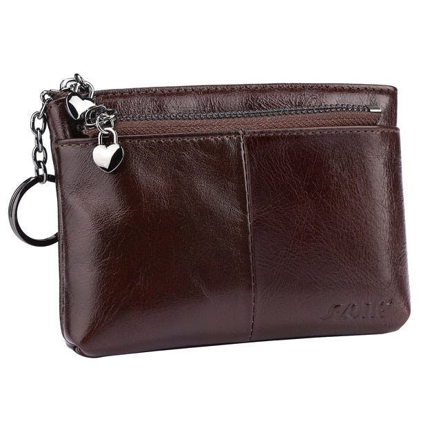 S-ZONE Women Genuine Leather Triple Zipper Small Wallet Change Coin Purse Holder