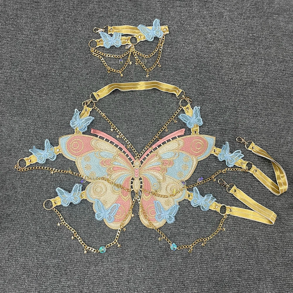 YOUR BUMP CURVE Sexy Woman Crystal Chain Butterfly Embroidery Sleeveless Backless Adjustable Ultra Short Top Music Prom