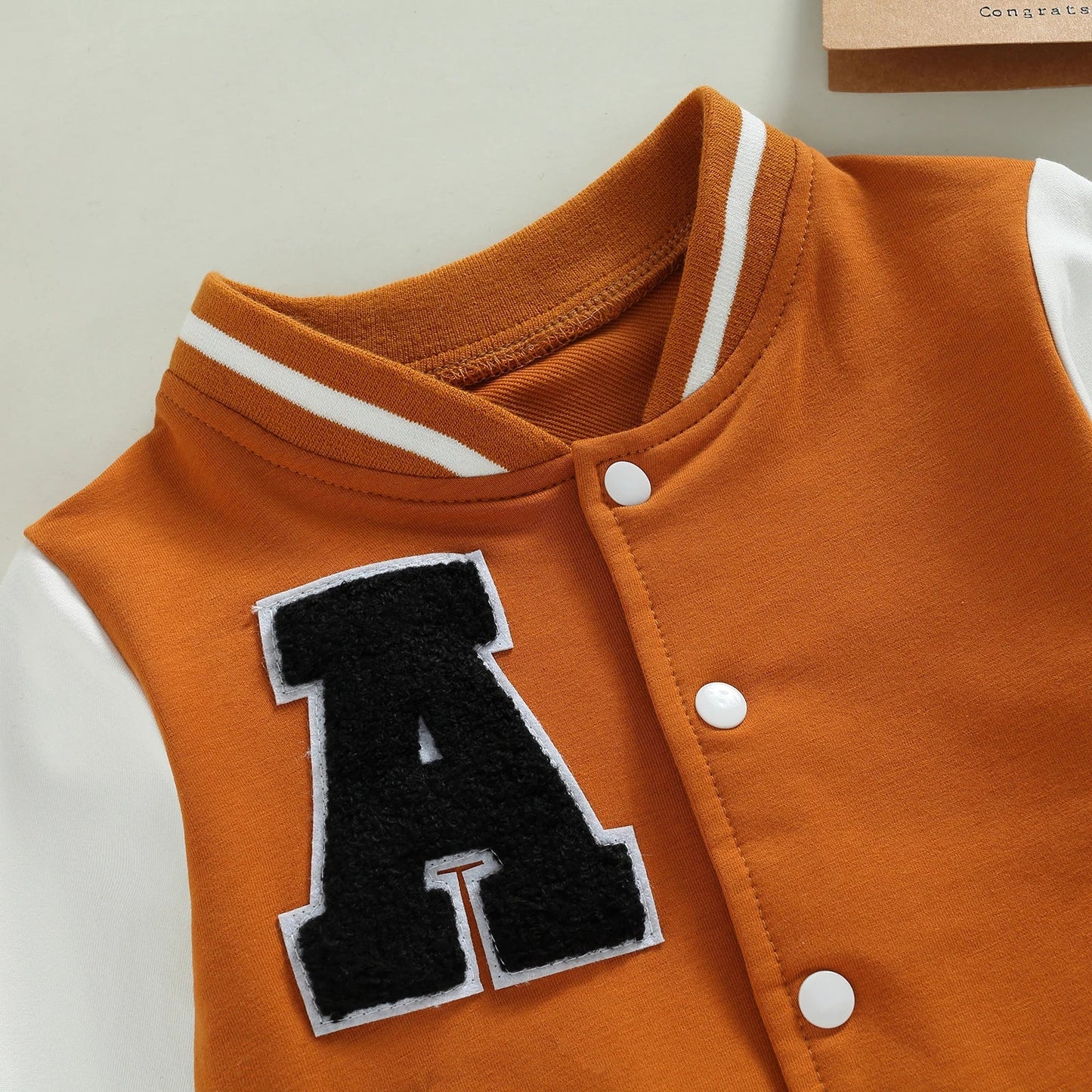 Kids Boy Girl Baseball Jackets Toddler Letter Pattern Contrast Color Long Sleeve Buttons Front Coat Autumn Winter Outerwear 1-5T