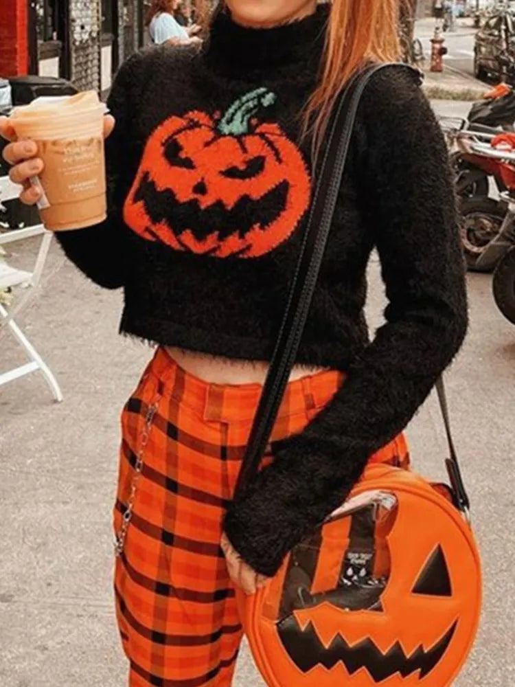 Halloween Sweater Turtleneck Pullover Crop Long Sleeves Halloween Grunge Top
