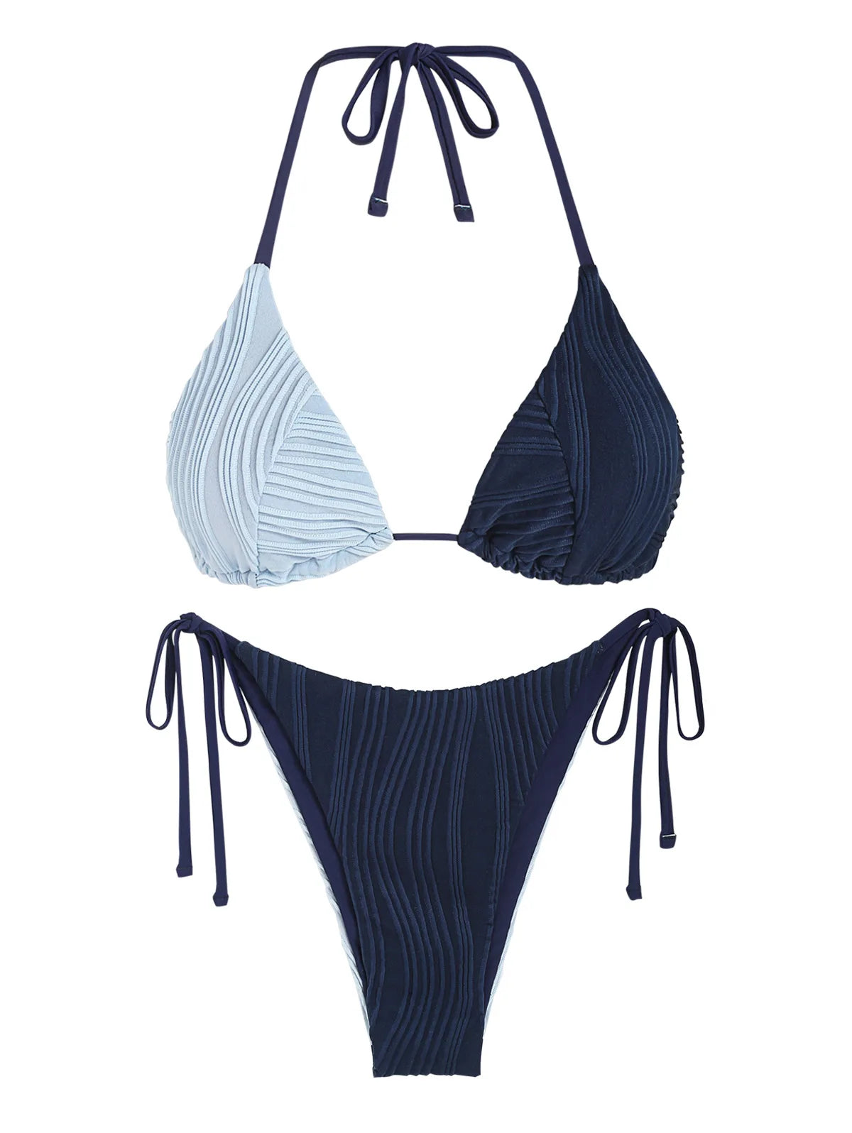 ZAFUL Women's Backless Triangle Swimsuit Halter Top High Cut Thong Bikini Set Textured Tie Side Bathing Suit Solid Swimwear 2024