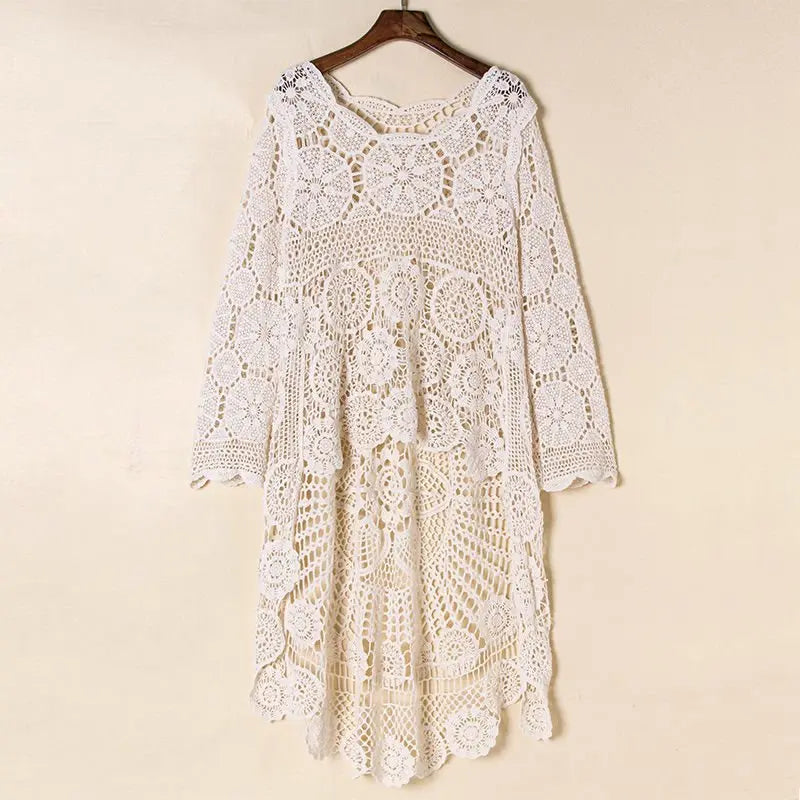 Knitted Beach Bikini Swimsuit Smock Dress Bikini Cover Up Pullover Boho Crochet Blouse Tops Women Tunic Robe Holiday Travel Wear