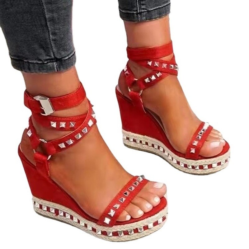 Wedge Stud Roman Sandals 2022 Summer New Women Fashion Gladiator Shoes Buckle Strap Open Toe High Heels Red Beach Prom Sandalias