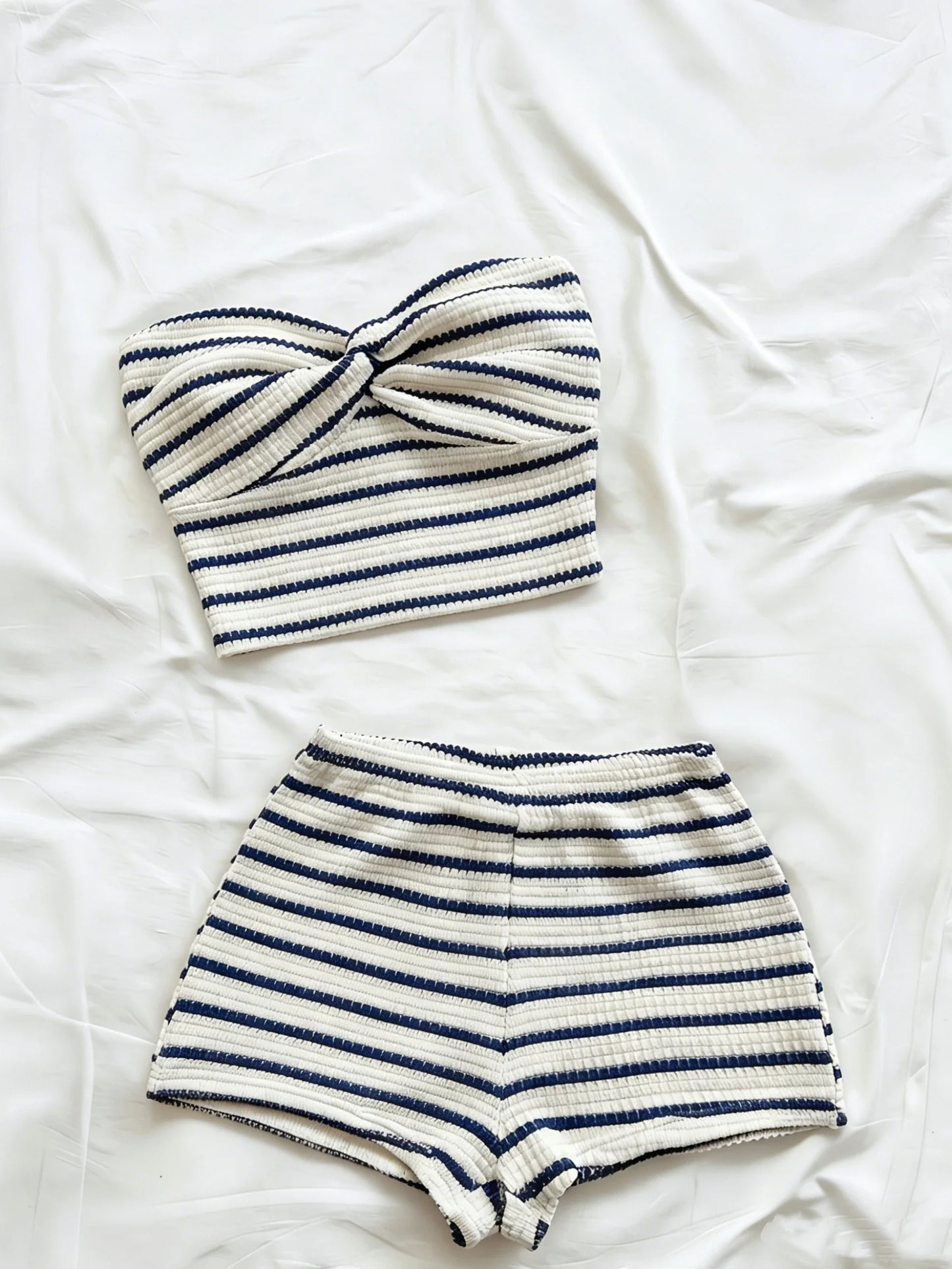 Striped Knit 2-Piece Set, Twist-Front Bandeau Top + Shorts