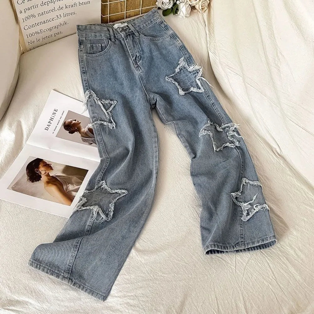 1pcs Streetwear Blue Stars Korean Fashion Denim Y2k Vintage Clothes Women Straight Leg High Waist Jeans