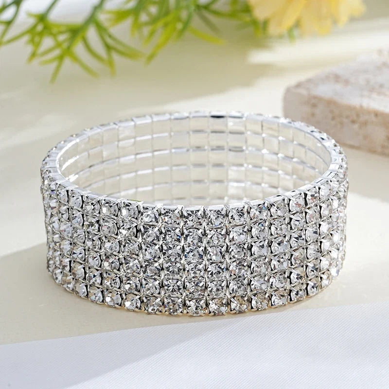 Classic Multiple Shining Rhinestone Crystal Stretch For Women Girls Bridal Wedding Wristband Elastic Bracelet Gold Silver Color