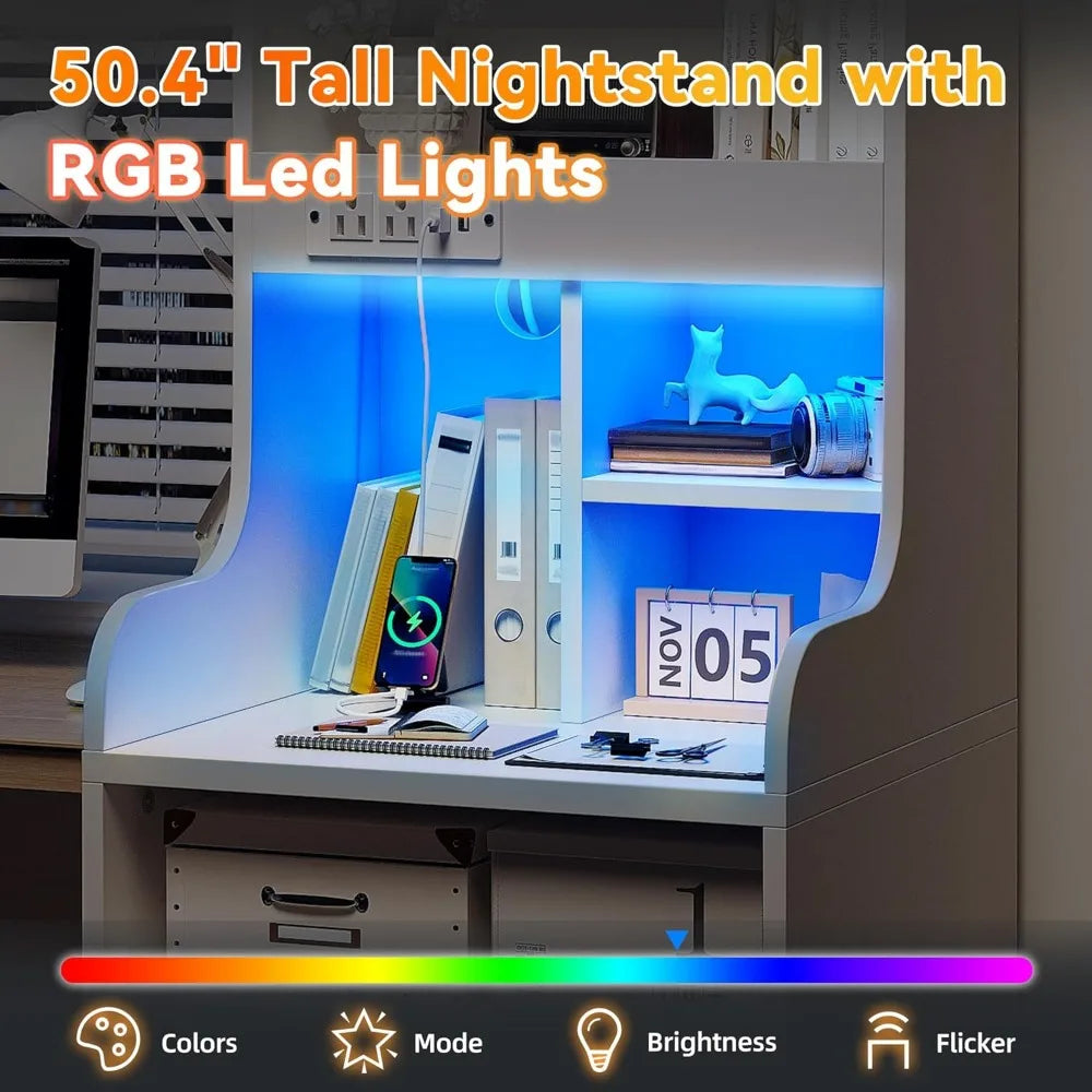 Tall Nightstand with Charging Station and LED Lights White Nightstand with 2 Drawers and Shelves Large LED Nightstand