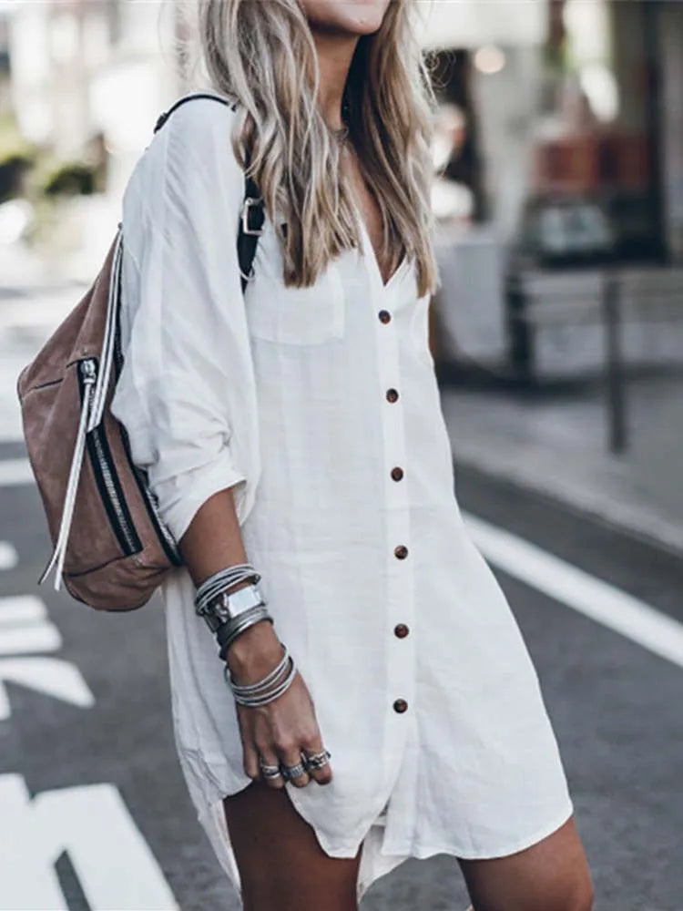 2024 Women Swimsuit Cover Up Sleeve Kaftan Beach Tunic Dress Robe De Plage Solid White Cotton Pareo  High Collar Beachwear