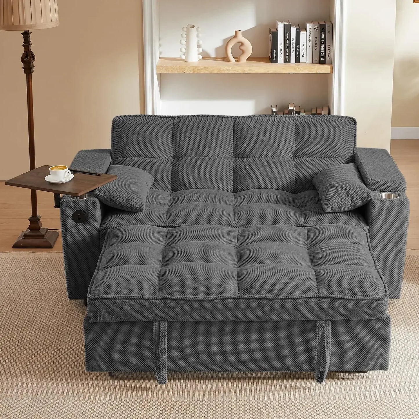 hansones 65'' 3-in-1 Folding Convertible Sofa Bed, Pullout Sofa, Modern Chenille Fabric, 360° Swivel Side Table, Easy Assembly,